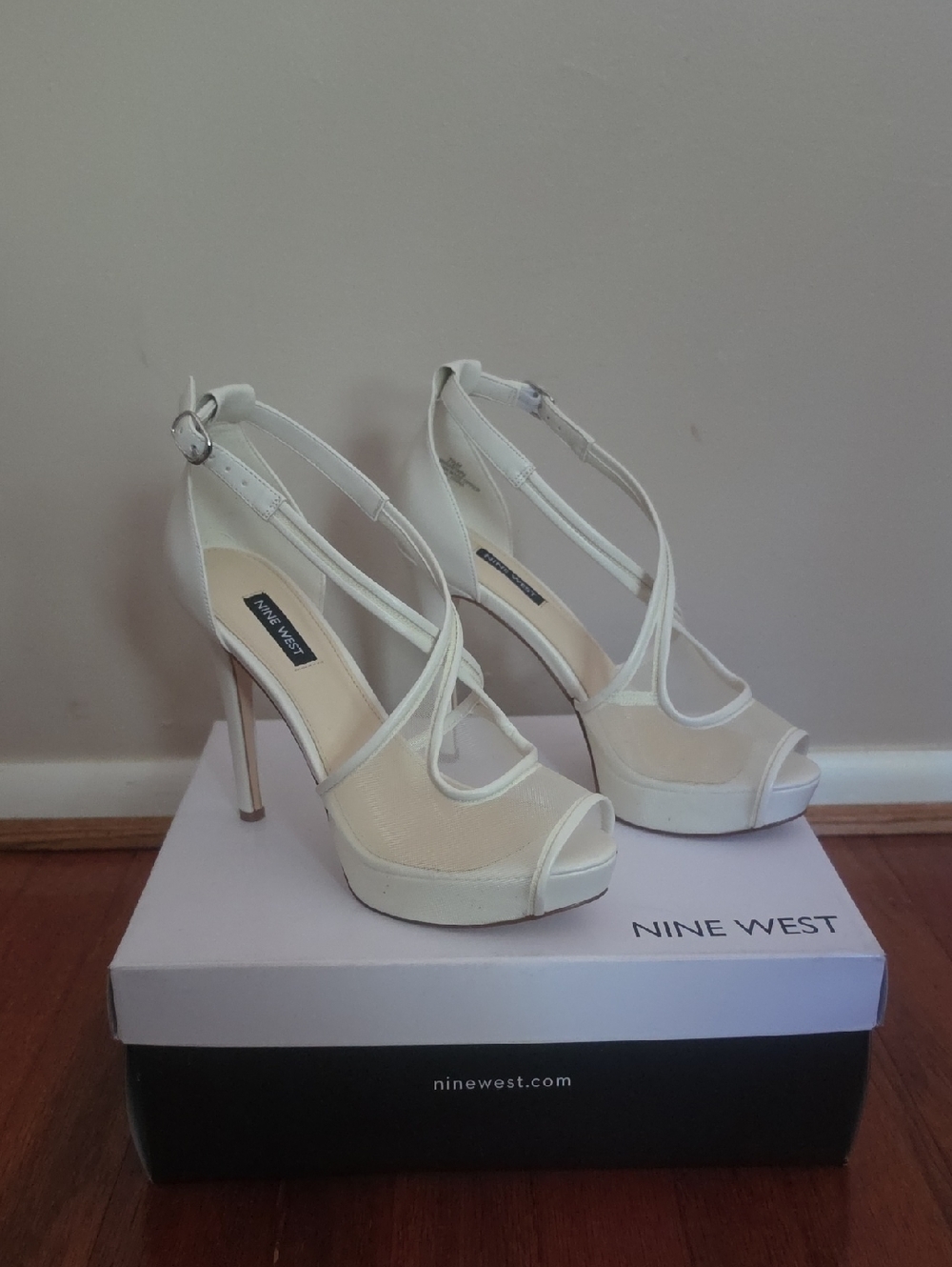 Nine West White Strappy Peep-Toe Platform Stiletto Heels